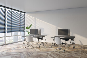 Clean coworking office interior with window and city view, blinds, workspaces and wooden flooring. 3D Rendering.