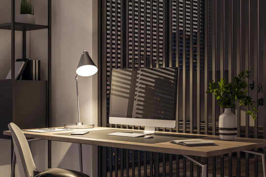 Side view of a wooden home desk with blank screen modern computer, with glowing lamp at night on modern cozy interior background, mockup. Freelane work and home workspace concept. 3D Rendering