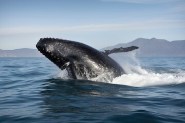 Naklejka premium baby whale breaching in the ocean, its black skin shining against the water, created with generative ai