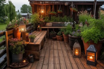Fototapeta na wymiar rustic wooden deck with potted plants and lanterns for a warm and welcoming campsite, created with generative ai