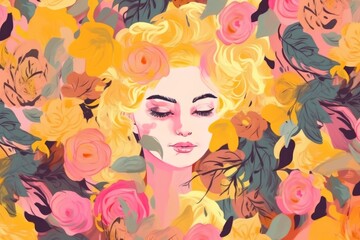 Abstract Illustration of a girl woman with flowers AI Generative