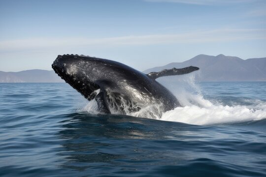 baby whale breaching in the ocean, its black skin shining against the water, created with generative ai