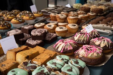 a colorful display of gluten-free and vegan baked goods, including cinnamon rolls, cupcakes, and cookies, created with generative ai