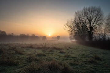 dawn, with mist rolling across the meadows and the sun peeking over the horizon, created with generative ai
