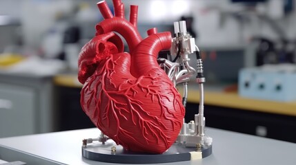 A 3D printer is depicted creating a model of a human heart, possibly for use in medical research or even transplantation AI generated.