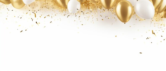 Abstract background gold fireworks and falling shiny confetti and balloon on white background Copy space Celebration and party  copy space on left