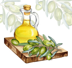 watercolor olive oil in glass bottle with branch of green olives with leaves and fruits on cutting board, hand drawn illustration isolated on white background