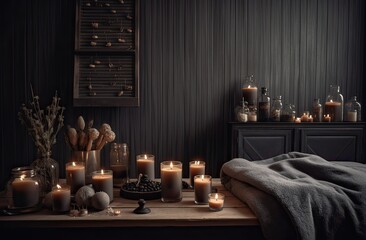 Spa stones, towel and candles on color background. Spa composition and treatments on light wooden background, close-up. Generative Ai