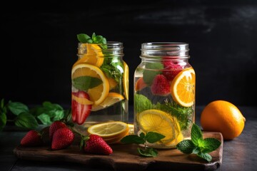 Fototapeta na wymiar refreshing fruit-infused water with slice of citrus and mint leaves, created with generative ai