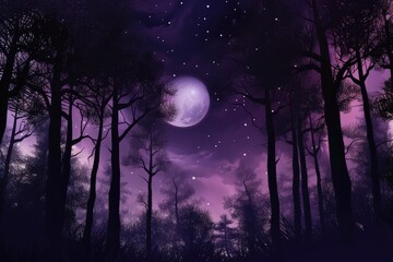 Fototapeta na wymiar dark purple forest at night, with moon and stars in the sky, created with generative ai