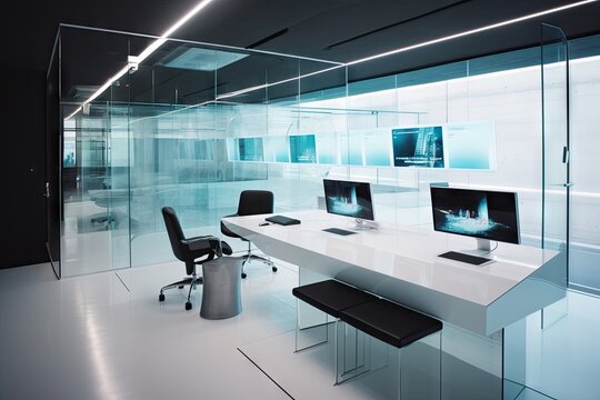 futuristic office with glass walls, sleek furniture, and touchscreens, created with generative ai