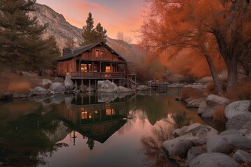 cozy cabin retreats with views of beautiful mountain ranges and lakes, created with generative ai
