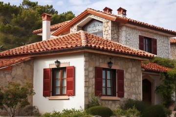 Fototapeta na wymiar mediterranean house with red, clay roof and stone exterior, created with generative ai