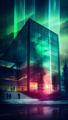 Fototapeta na wymiar Single business skyscraper with aurora borealis on background. Generative AI