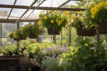 Fototapeta na wymiar greenhouse with hanging baskets of flowers and herbs, created with generative ai