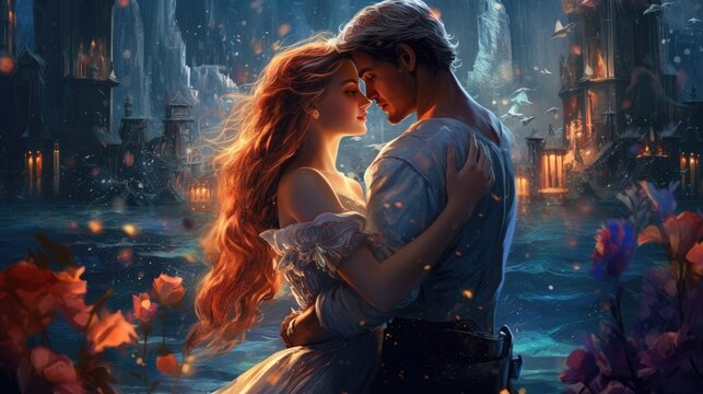 A couple embraces in a surreal landscape, filled with magic and wonder AI generated.