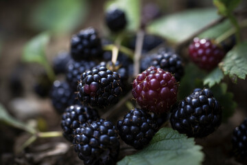 Fresh ripe blackberry fruits, local market produce. Close up view. Generative AI