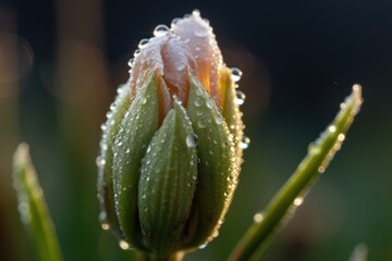 close-up of blooming flower bud, with dew drops and morning light, created with generative ai
