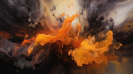 A black and orange paint smoke explosion forms an abstract background with vibrant pigment bursts, motion, and intensity for a dynamic texture, perfect for eye-catching designs. Generative AI.