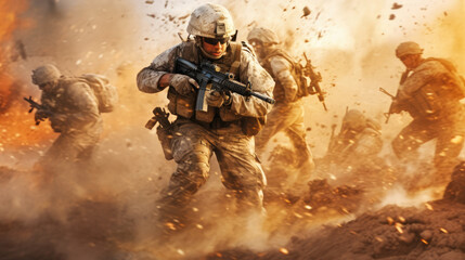 A portrait of a military man in combat gear with an intense expression, holding a weapon and ready to fight AI generated.