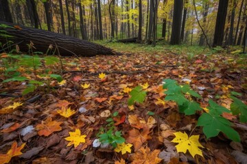 Fototapeta premium forest floor, with fallen leaves and wildflowers in the background, created with generative ai