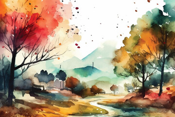 Fototapeta na wymiar Abstract watercolor nature background painting of a serene mountain lake, with a red and yellow sunrise landscape creating a dreamy and misty atmosphere illustration. Generative AI 