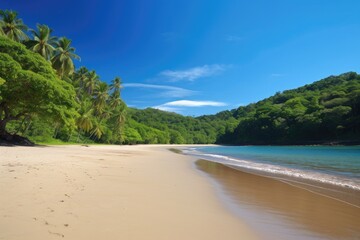 long, deserted beach surrounded by tropical forest and clear blue skies, created with generative ai
