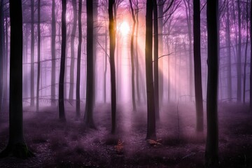 Fototapeta premium dark purple forest with foggy morning sunrise, created with generative ai