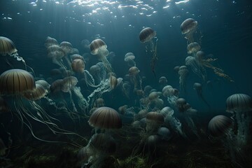 jellyfish swarm undulating through underwater landscape, created with generative ai