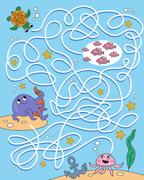 Maze game, activity for kids. Puzzle for children. Who is the turtle visiting? Sea creatures underwater in the sea. Draw all the paths. Vector illustration.