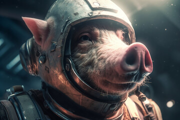 Pig in space suit and helmet in cosmic galaxy, fantasy universe. Generative AI