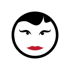 Face of curvy woman within a circle. Simple vector illustration template. Happy chubby