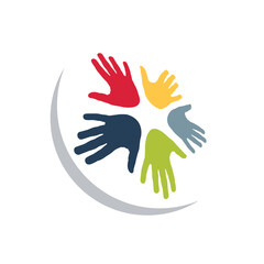 Teamwork and solidarity, multiracial hands. Diversity concept. Vector template, logo design