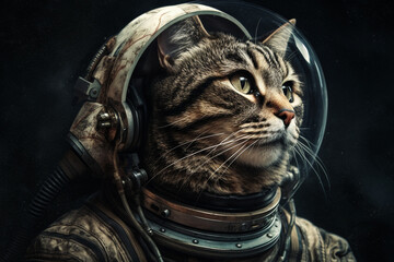 Cat in space suit and helmet in cosmic galaxy, fantasy universe. Generative AI