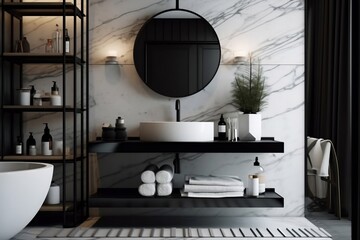 Modern loft white marble vanity counter, ceramic washbasin, black round mirror, and polished cement wall shower bathroom for cosmetic, beauty, toiletries product. Ai Generated