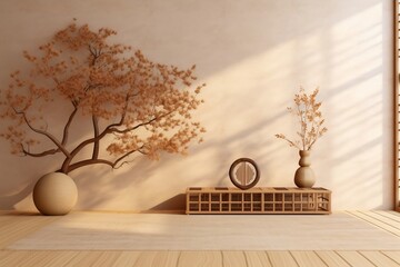 Wooden Table Top with Dried Tree Branch and Leaf on Japanese Lattice Frame Wall, Ai generative