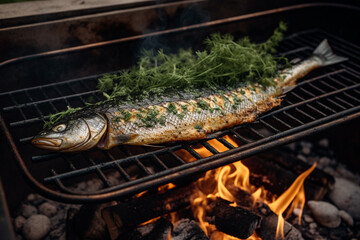 whole fish on grill grid, charcoal fire bbq. Generative AI