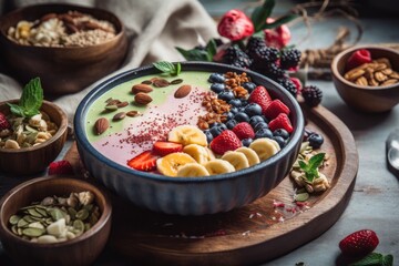 smoothie bowl with mix of fruit, nuts, and seeds for a satisfying breakfast, created with generative ai