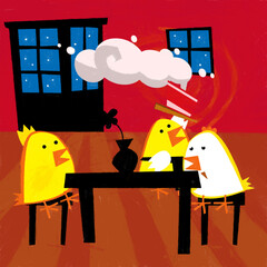 cartoon scene with happy chicken rooster cooking in the kitchen illustration for kids