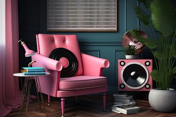 hipster pink armchair in eclectic room with vinyl record player and vinyl records, created with generative ai