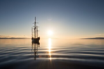 sailing vessel in calm and tranquil waters, with warm sun shining down, created with generative ai