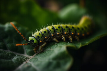 Catepillar on vegetable leaves, pest control in agriculture concept, generative AI