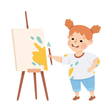 Cute preschool little girl standing near easel and painting cartoon vector illustration