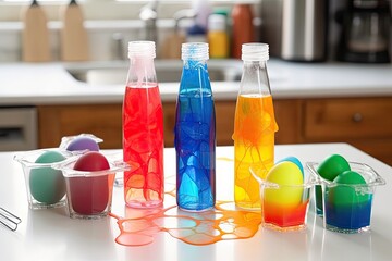 creative science experiment using household items, such as eggs, water bottles and food coloring, created with generative ai
