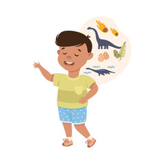 Cute preschool little boy telling story about dinosaurs cartoon vector illustration
