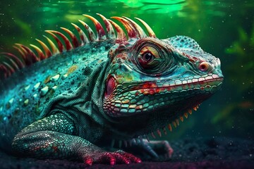 Fototapeta premium Green iguana in an aquarium, showcasing colorful iguanas in water, brought to life with Generative AI