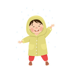 Happy girl in green raincoat walking under rain cartoon vector illustration