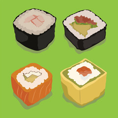 Vector illustration of sushi set nigiri, rolls served in traditional Japan. Asian food, sushi, rice, fish, avocado, shrimp isolated