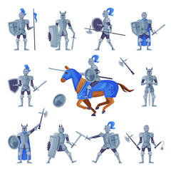 Medieval armored knights set. Warriors with ancient weapon ready to joust vector illustration