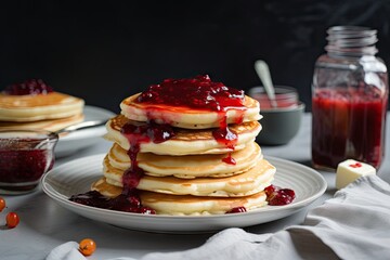 stack of fluffy pancakes, topped with creamy and sweet strawberry jam, created with generative ai